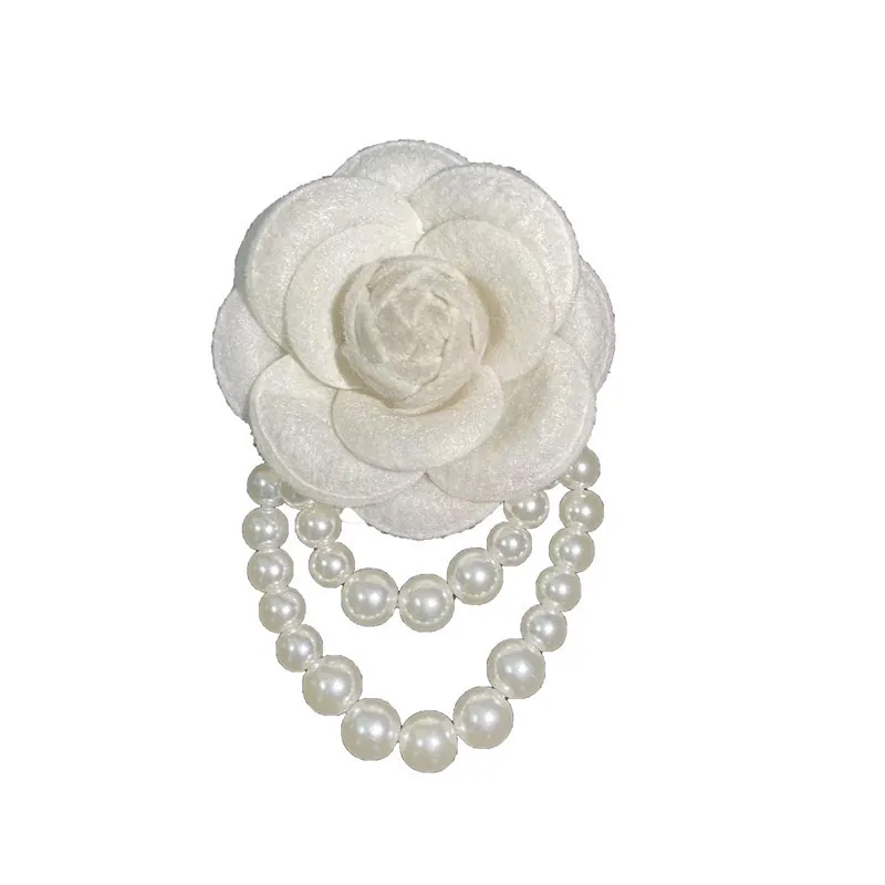 Elegant Camellia Flower Brooch And Bracelet Dual Use Faux Artificial Pearl Tassel Fabric Floral Pin Jewelry For Women