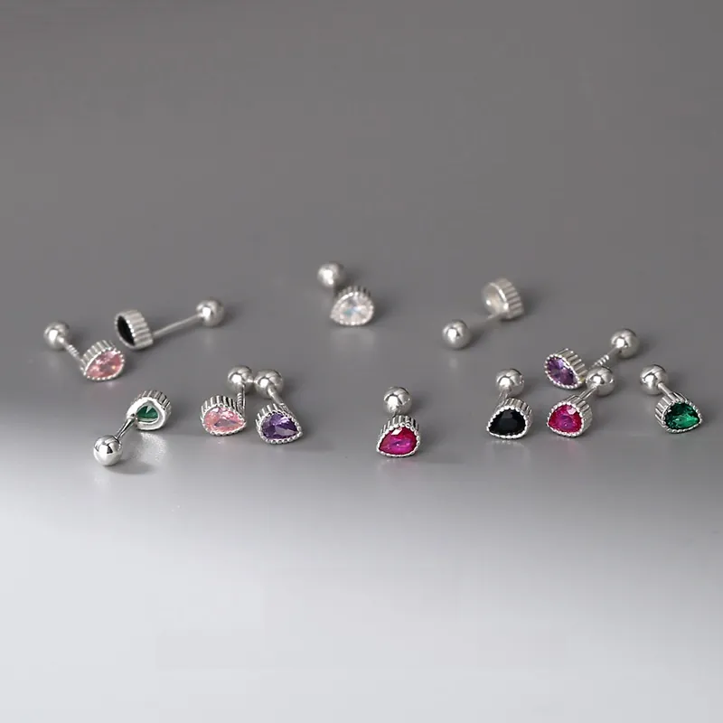 S999 Fine Silver Water Drop Stud Earrings Rhinestone Screw Back Small Minimalist Earrings For Women Jewelry