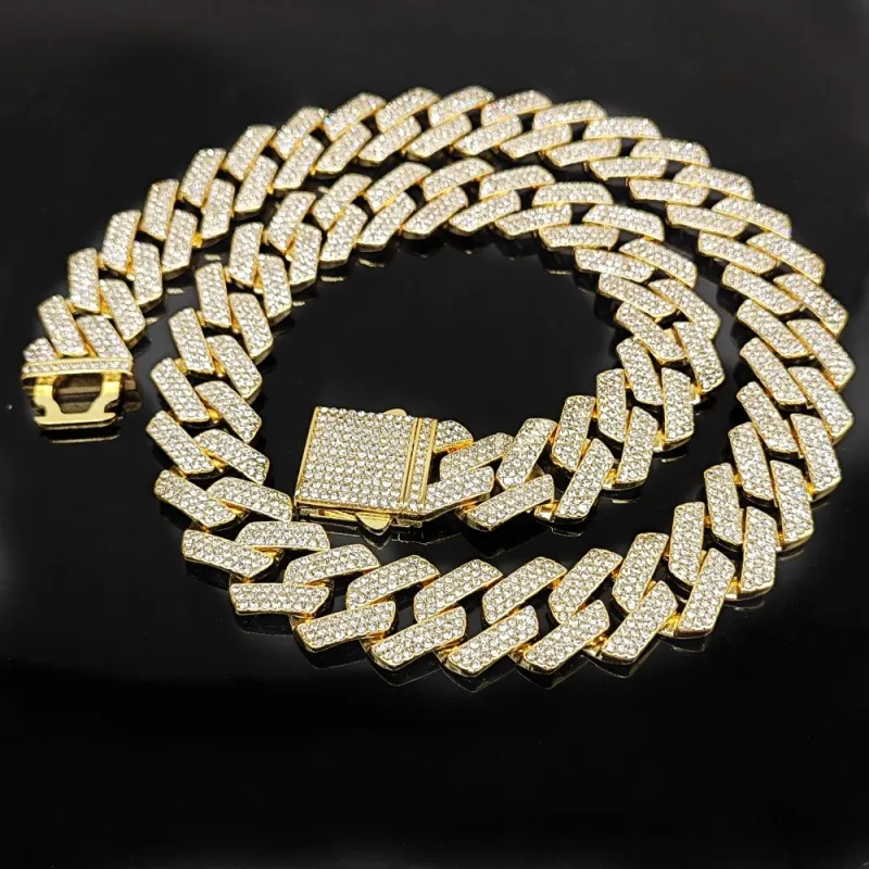 Iced Out Cuban Link Necklace Triple Row Rhinestone Alloy Hip Hop Punk Jewelry For Men Women Gold Silver Color