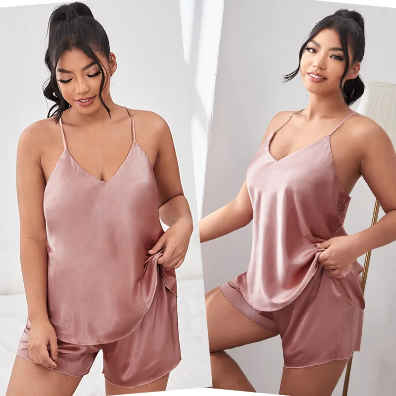 Women Plus Size Satin Pajamas V-Neck Spaghetti Strap Cami Top And Shorts Loungewear Sleepwear Satiny Smooth Lingerie