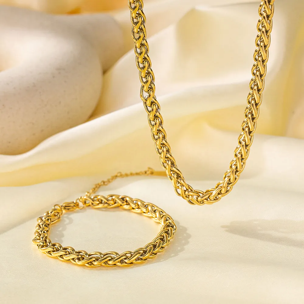 Wheat Chain Necklace And Bracelet 18K Gold Plated Stainless Steel Woven Braided Trendy Jewelry Women