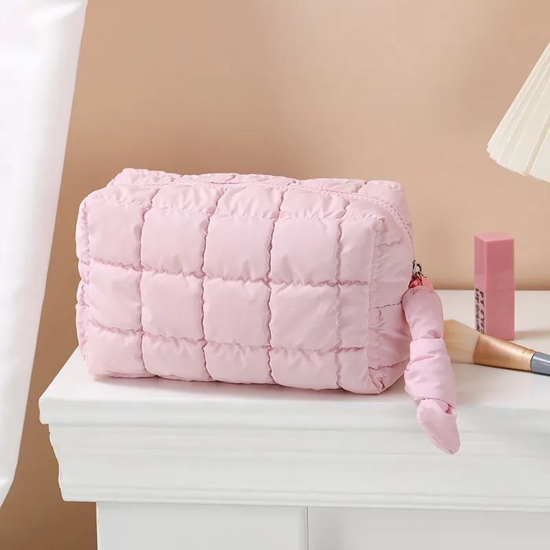 Quilted Puffer Cosmetic Bag Large Capacity Travel Toiletry Makeup Pouch Zipper Portable Solid Color Lightweight For Women