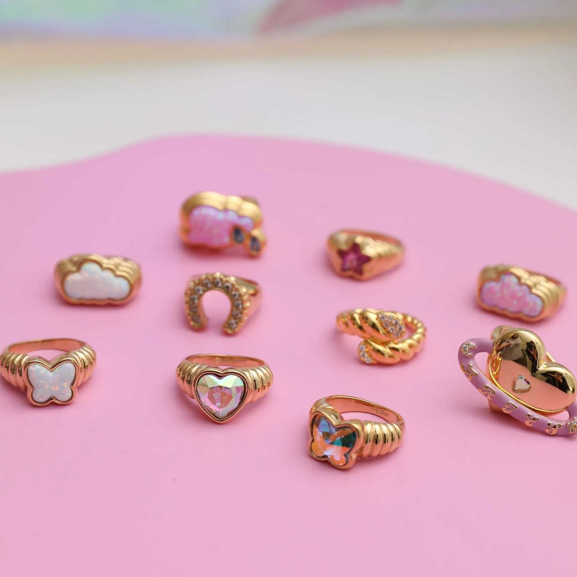 Opal Heart Butterfly Flower Ring Copper 18K Gold Plated Adjustable Ribbed Band Vintage Style Jewelry Gift For Women