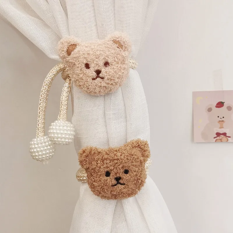 Plush Bear Curtain Tieback With Faux Artificial Pearl Buckle Braided Rope Decorative Window Treatment For Kids Room Nursery