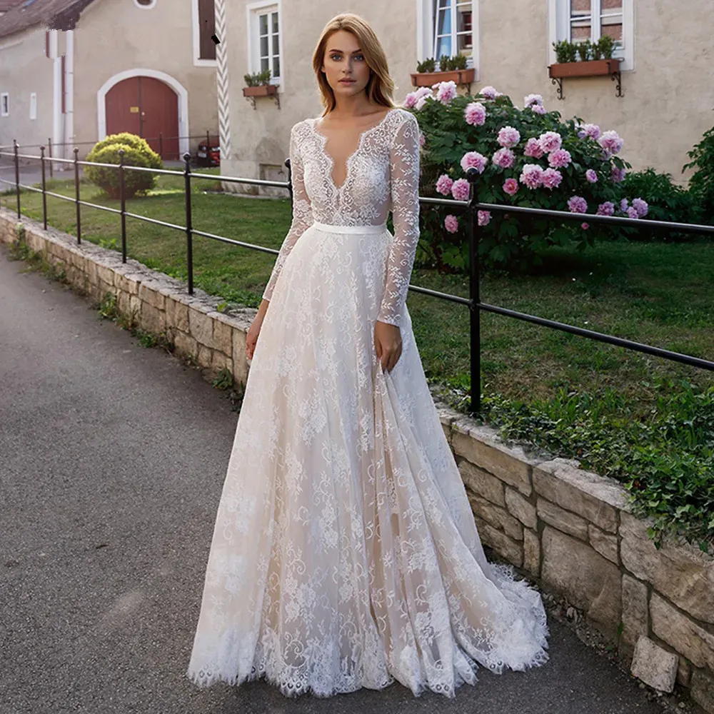 Wedding Dress Lace Long Sleeve V Neck Backless White A-Line Bridal Gown Bohemian Retro Elegant Women Romantic