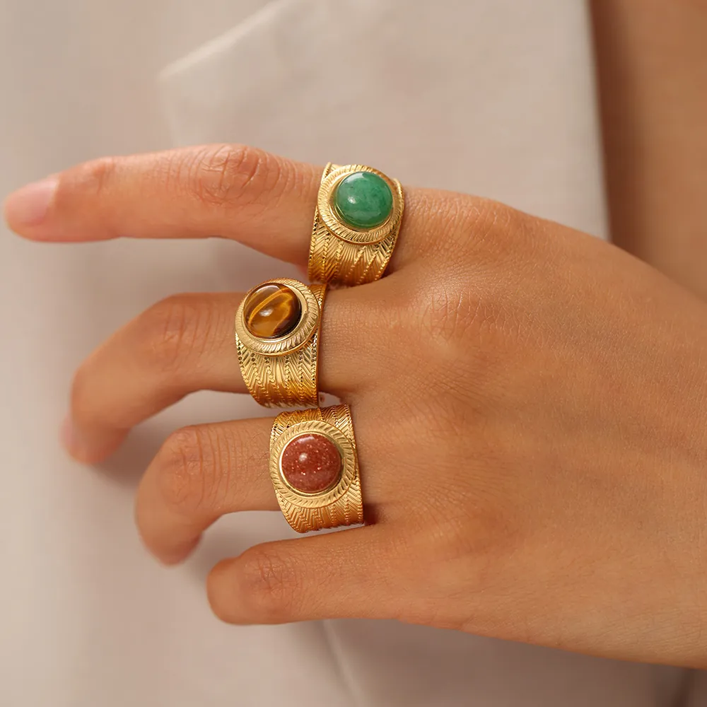 Vintage Breiter Offener Ring Edelstahl Vergoldet Naturstein Tigerauge Verstellbarer Retro Schmuck Für Damen