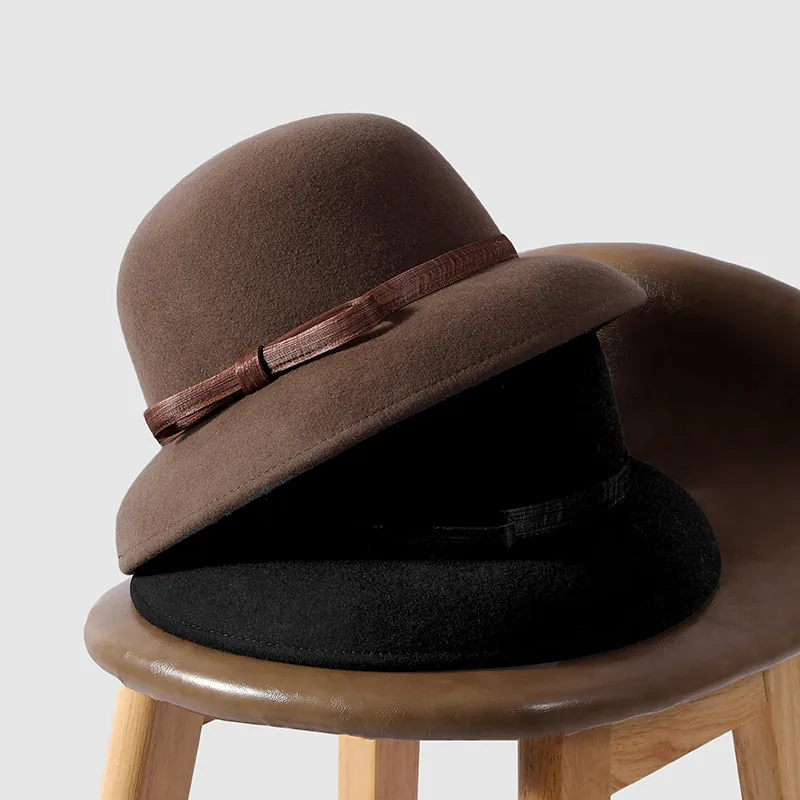 French Elegant Vintage Style Wool Cloche Hat For Women Bowknot Bucket Hat Wide Brim Winter Warm Felt Basin Hat Fashion Accessories