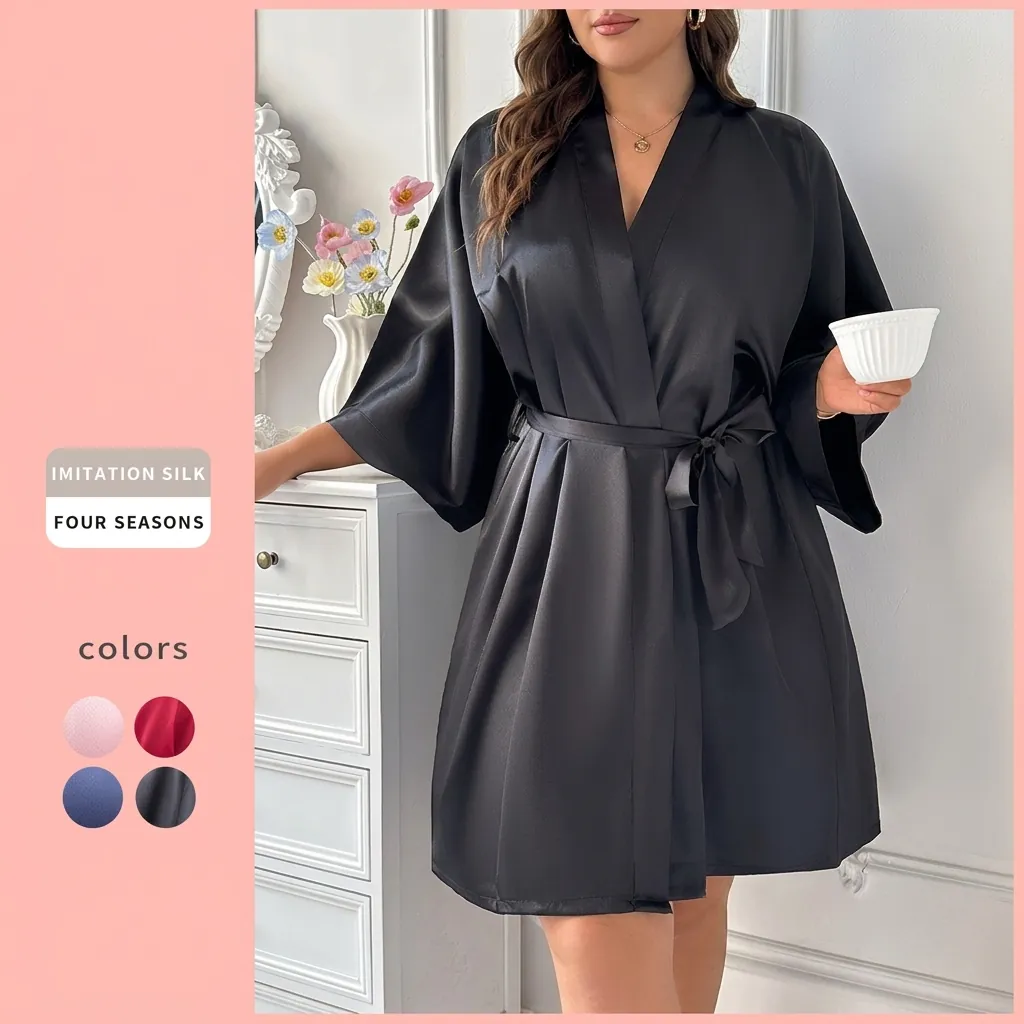 Women Plus Size Satin Robe Imitation Satin V-Neck Tie Waist Sleepwear Loungewear Nightgown Solid Color Satiny Bathrobe