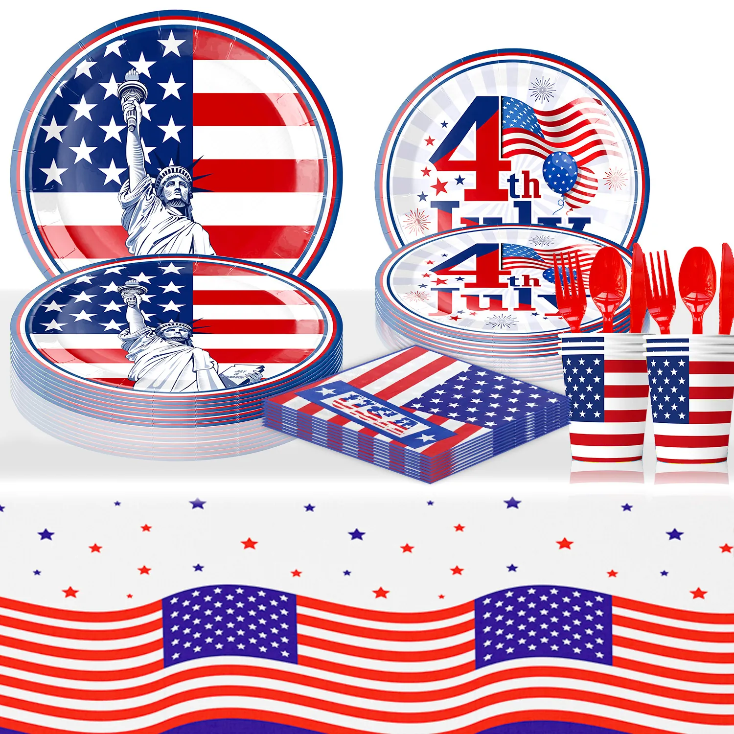 Patriotic Independence Day Party Tableware American Flag Star Pattern Paper Plates Napkins Cups Plastic Tablecloth Banner