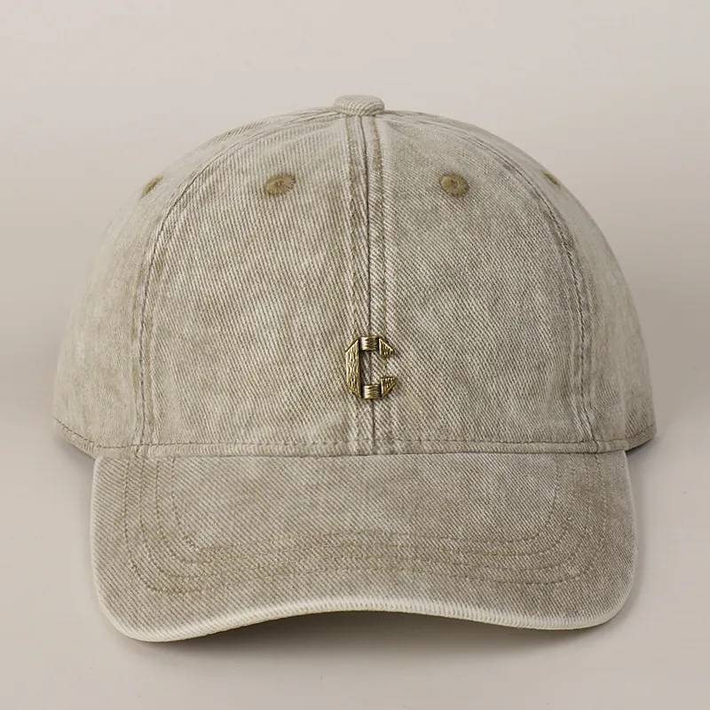 Retro Washed Cotton Baseball Cap Distressed Metal Letter C Decor Adjustable Unisex Sunshade Hat