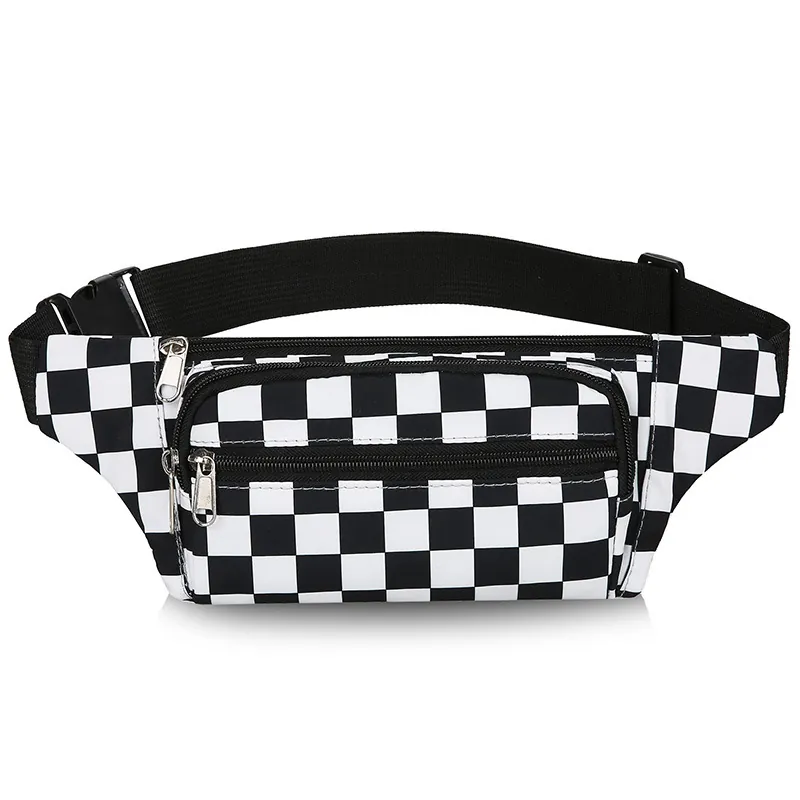 Sac Banane Motif Damier Tissu Nylon Grande Capacité Sangle Réglable Sac De Poitrine Homme Sport Décontracté