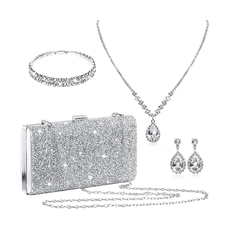 Sparkling Rhinestone Evening Clutch Necklace Earrings And Bracelet Jewelry Accessory For Bride Wedding Party
