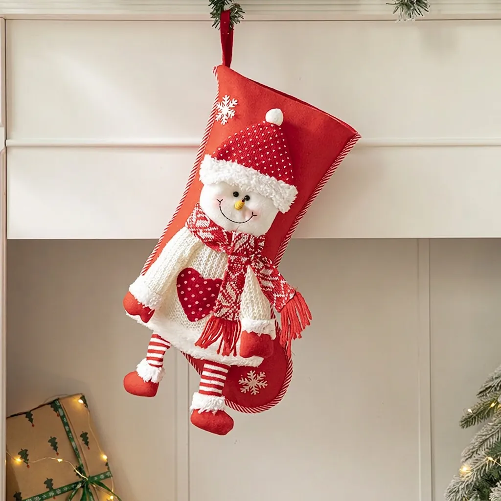 Decorative Christmas Stockings Knitted Felt Holiday Ornaments With 3D Santa Snowman Reindeer For Fireplace Hanging Gift Bags