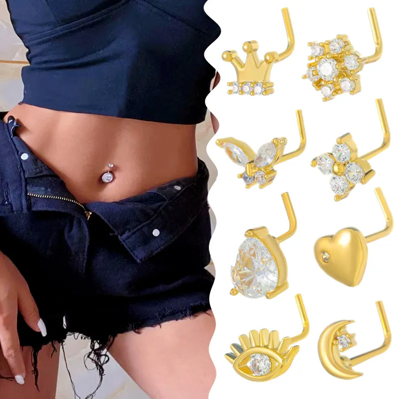 Kupfer Zirkonia L-Form Nasenstecker Schmetterling Herz Krone Mond Böses Auge Biene Muster Körper Piercing Schmuck Für Damen