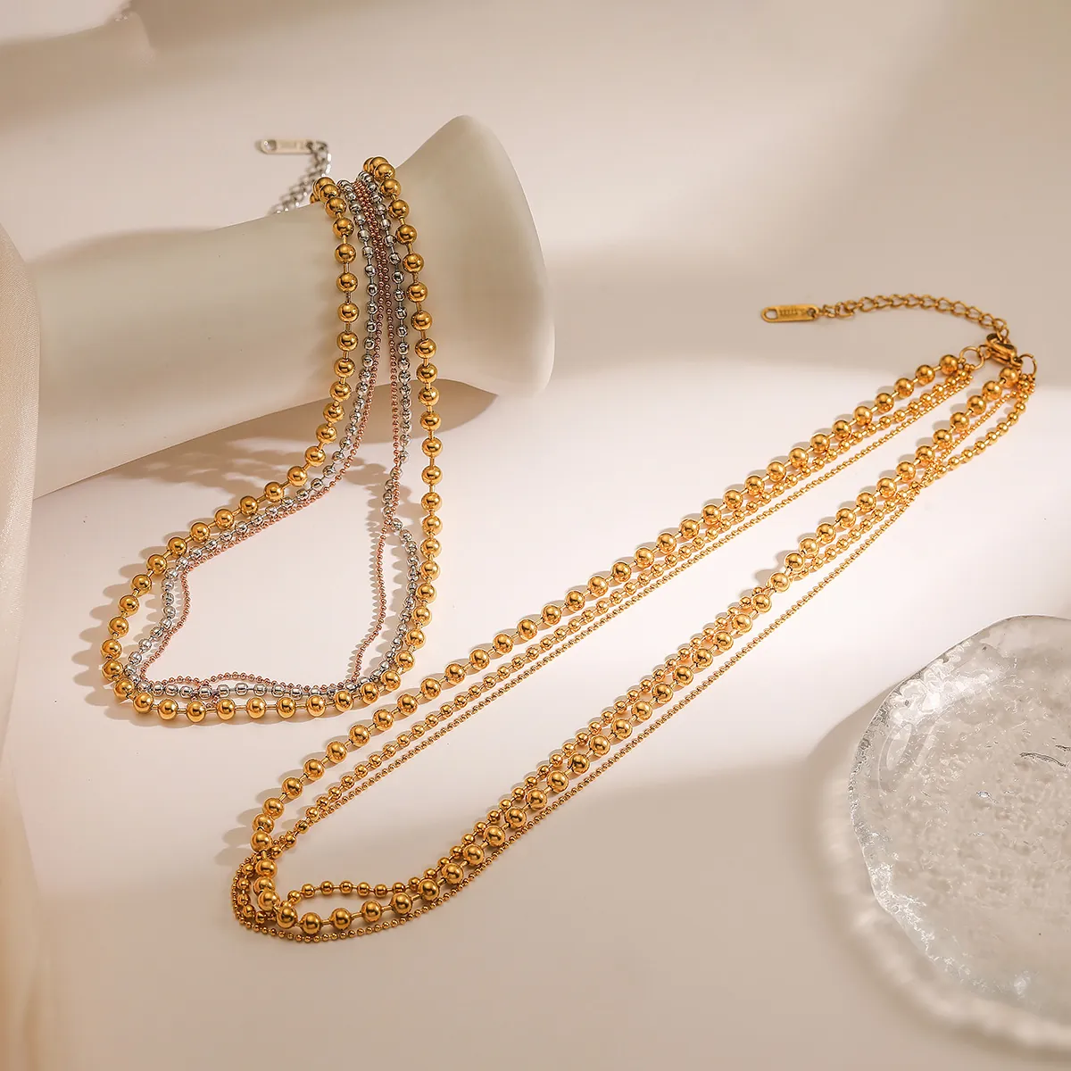 Collana A Strati Con Perline Per Donna In Acciaio Inossidabile Placcato Oro Catena Minimalista Gioielleria
