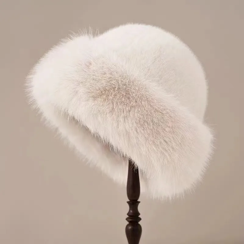 Women Winter Faux Fur Hat Plush Fluffy Mink Look Warm Cloche Round Top Elegant Solid Color Accessory