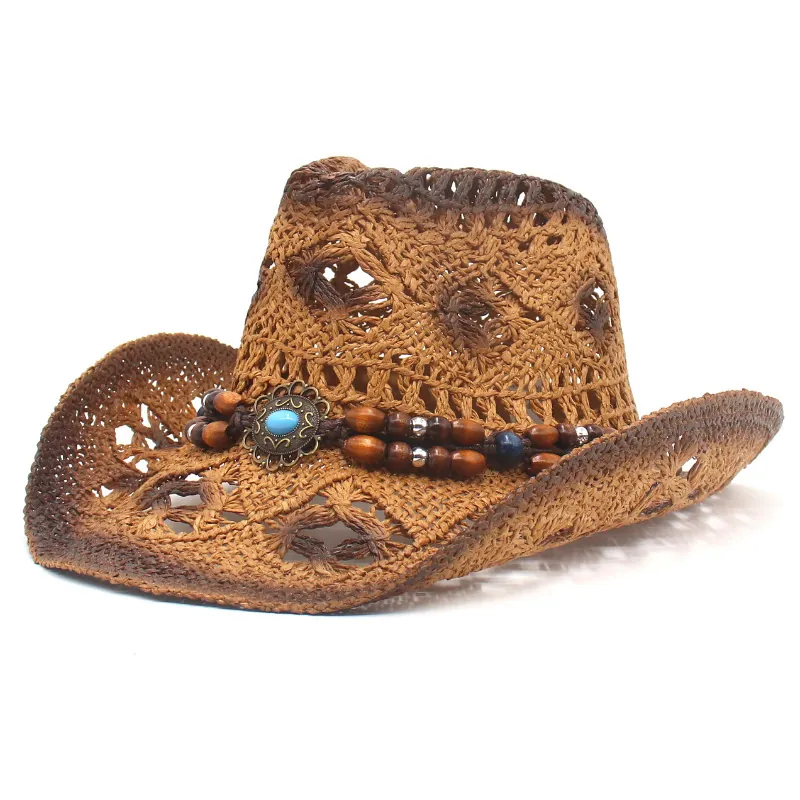 Western Cowboy Hat Hollow Straw Breathable Sun Protection Beach Outdoor Bohemian Vintage Turquoise Bead Decoration