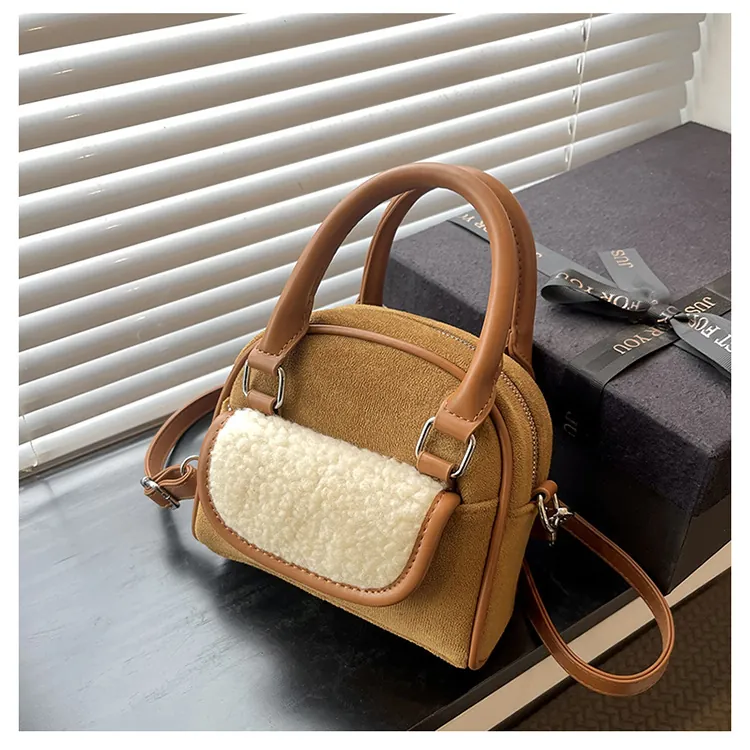 Women Handbag Faux Suede Plush Stitching Retro Commute Shoulder Crossbody Bag Autumn Winter Small Square Satchel Elegant