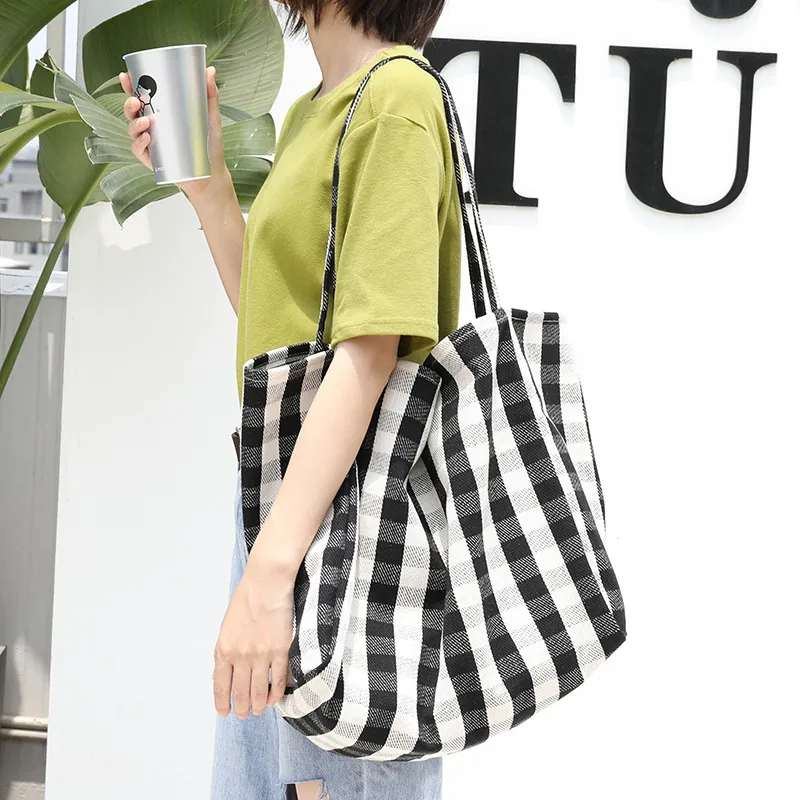 Canvas Tote Bag Large Capacity Grid Stripe Pattern Casual Shoulder Handbag Korean Style Shopping For Women