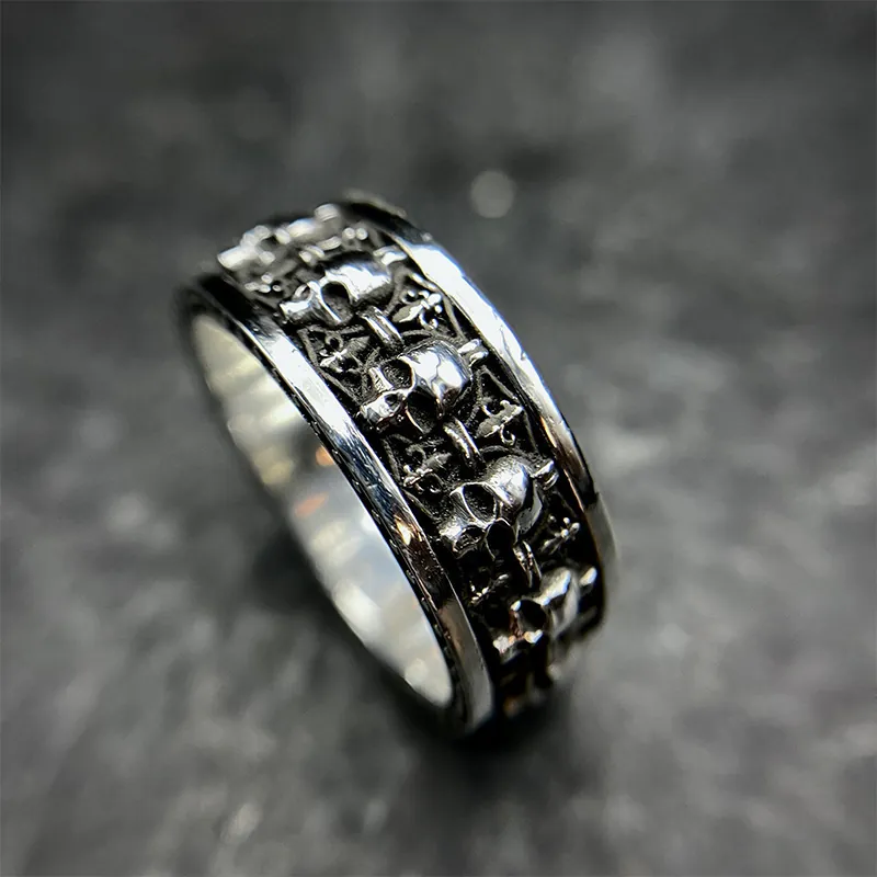 Vintage Skull Ring Gothic Punk Style Copper Metal Relief Cross Adjustable Open Wide Band Jewelry For Men Women