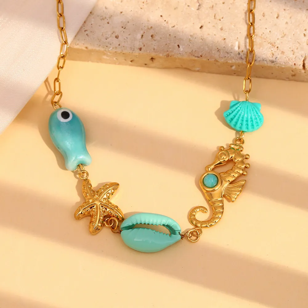 Ocean Theme Pendant Necklace 18K Gold Plated Stainless Steel Seahorse Starfish Shell Fish Summer Beach Jewelry For Women