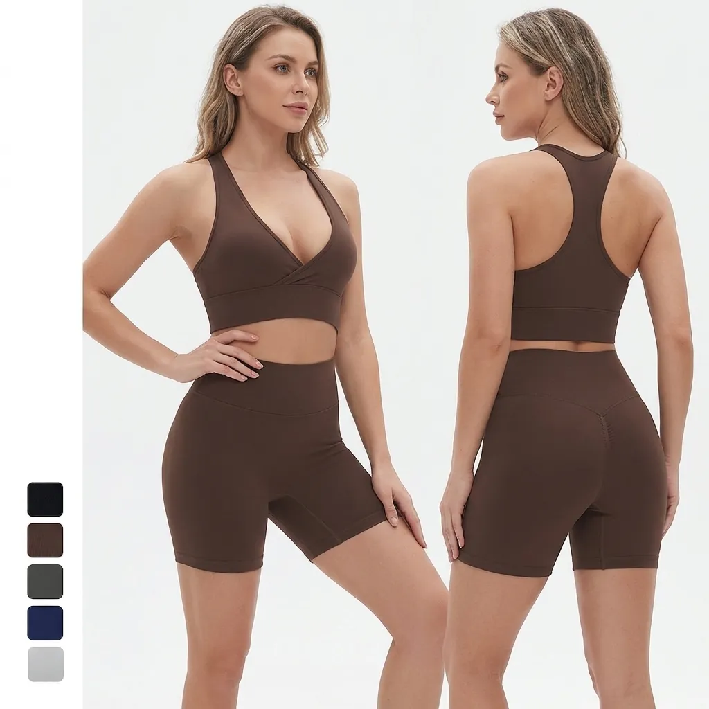 Ensemble de Yoga Tricoté Sans Couture Couleur Unie Haute Élasticité pour Femmes Fitness Course Top Et Bottom
