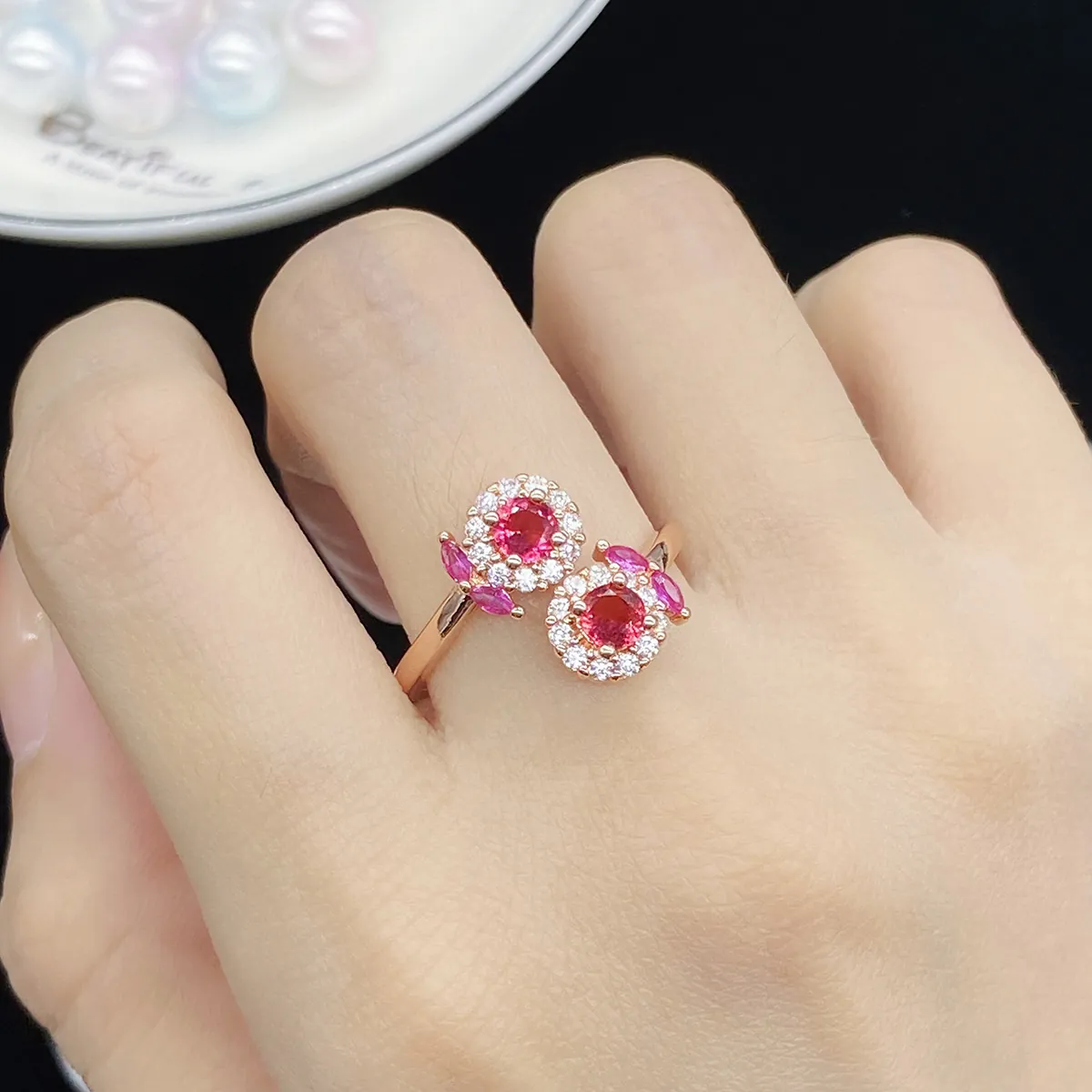 Double Round Red Gemstone Copper Ring Rose Gold Plated Adjustable Open Finger Jewelry For Women Sparkling Cubic Zirconia