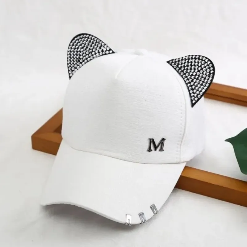 Cotton Rhinestone Cat Ears Baseball Cap For Women Alloy Metal Ring Decoration Sweet Summer Sun Protection Adjustable Hat