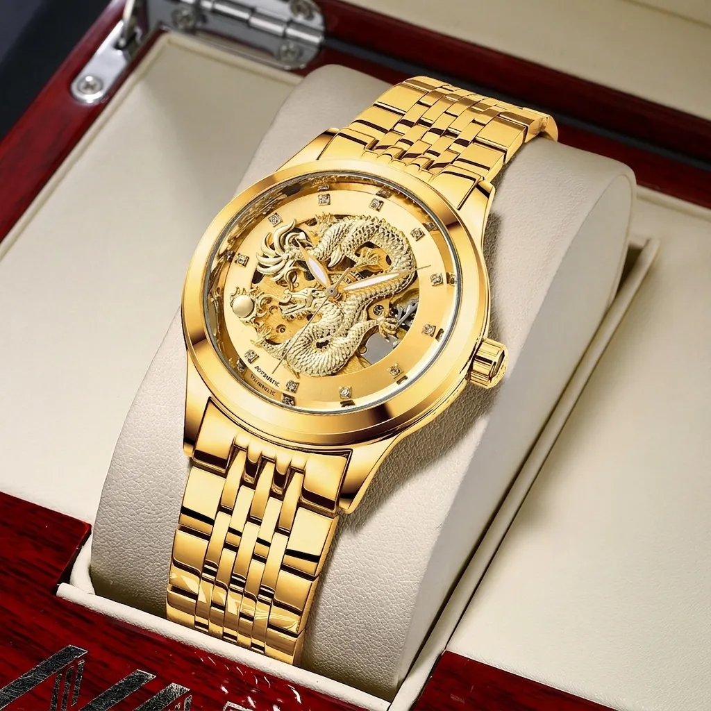 Montre Mécanique Automatique Homme Dragon Doré Sculpté Cadran Squelette Étanche Luxe Affaires Bracelet Acier Inoxydable Lumineux