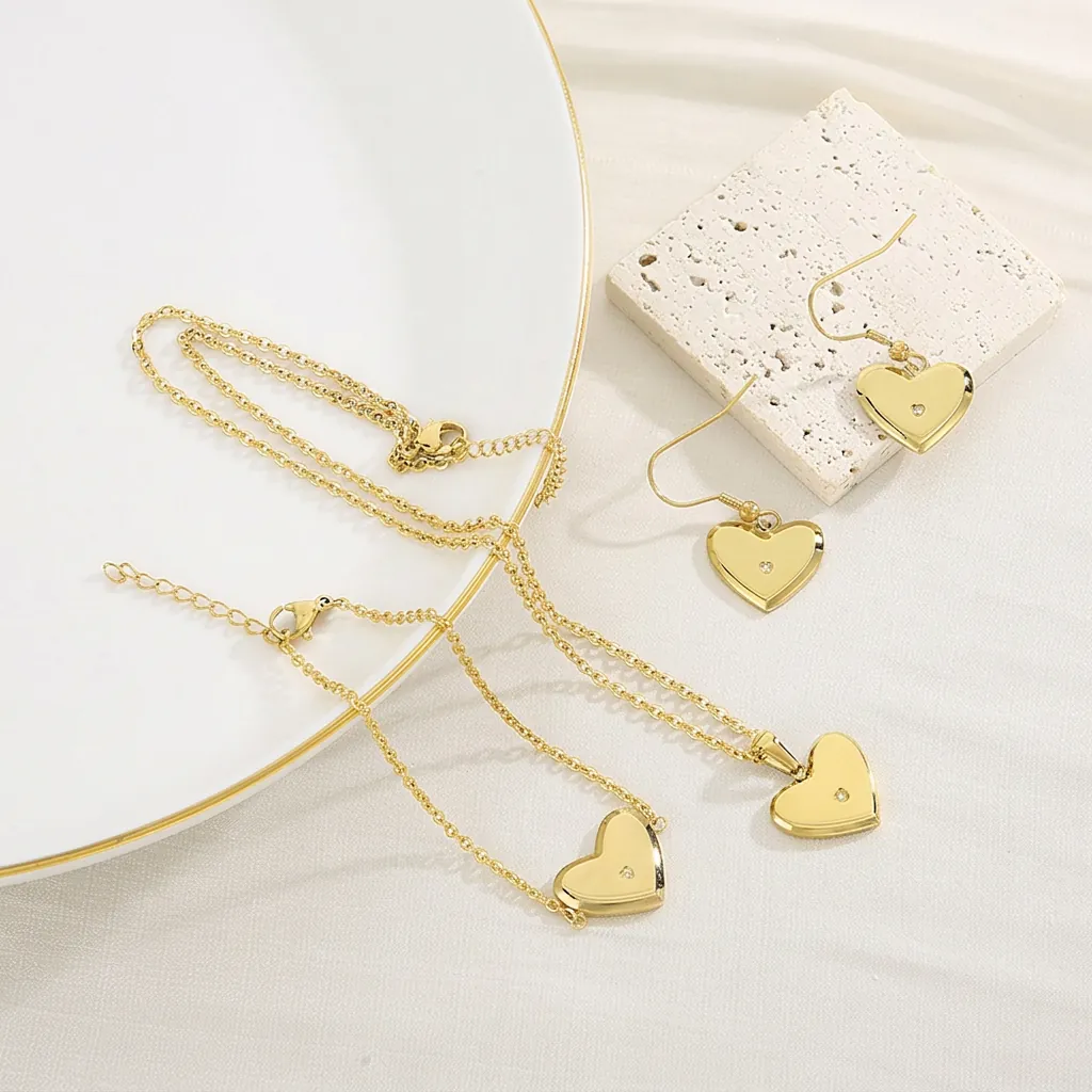 Bijoux En Cœur En Acier Inoxydable Collier Boucles D'Oreilles Bracelet Strass Accessoires De Mode Pour Femmes