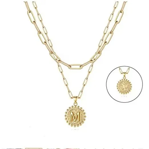 Mode Gold Zinklegierung Doppellagige Büroklammerkette Initiale Anhänger Halskette Für Damen Retro Alphabet Runde Münze Halsketten