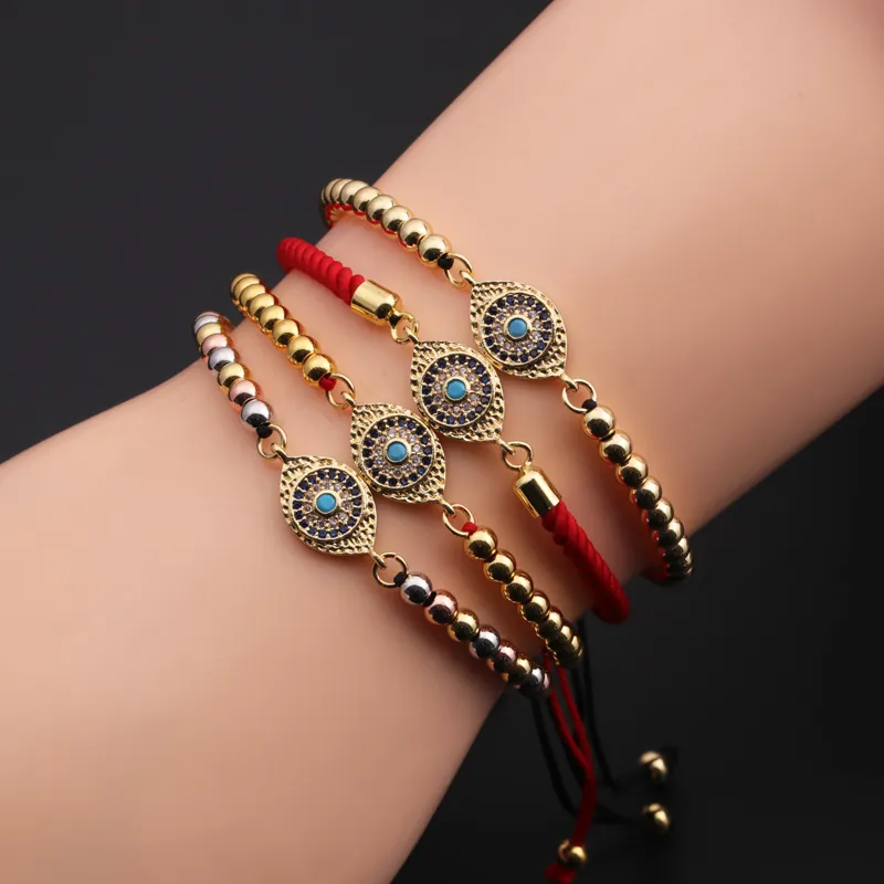 Bracelet Œil Du Mal Cuivre Plaqué Or Zircone Cubique Réglable Corde Tressée Bijoux Boho Pour Femmes
