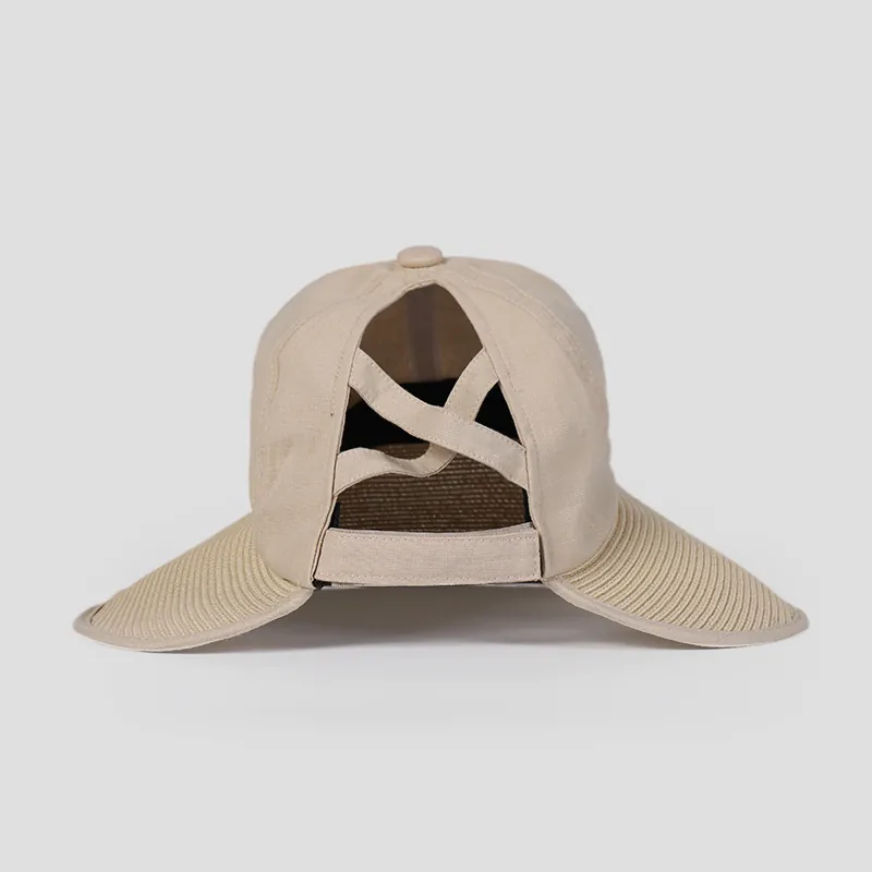 Women Summer Wide Brim Sun Hat Cotton Linen Straw Patchwork Ponytail Hole Breathable Protection Foldable Beach Cap