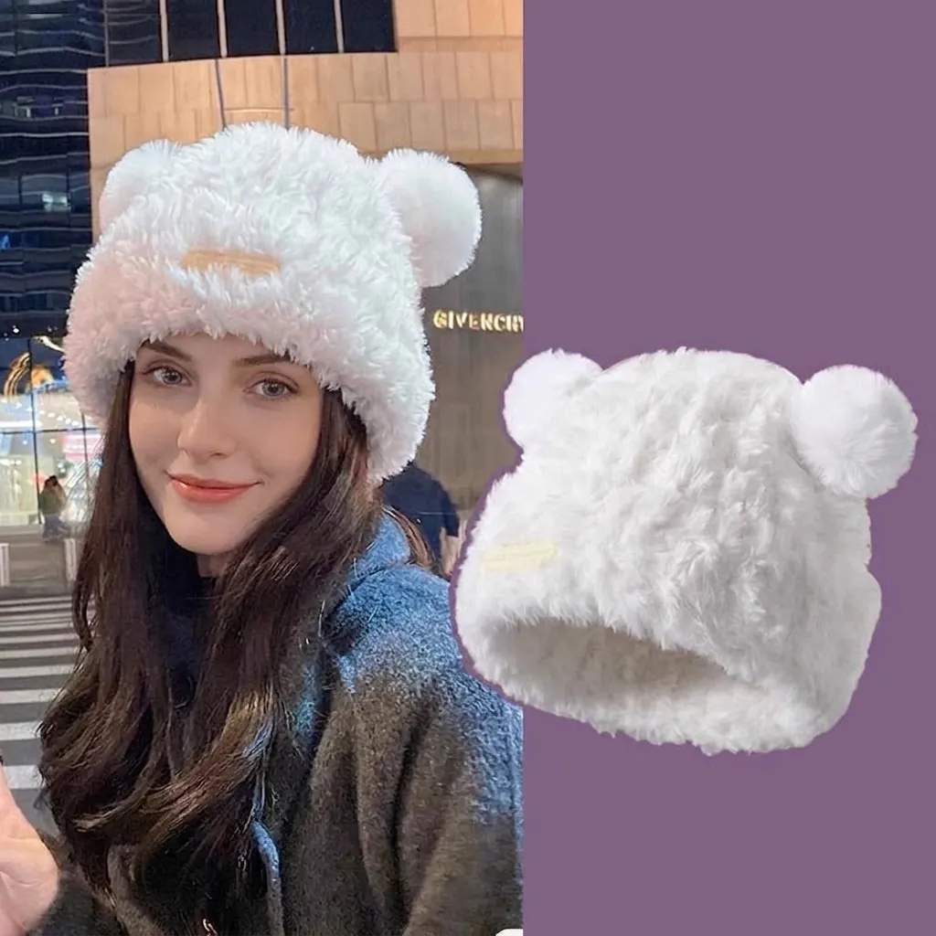Bärenohr Plüsch Beanie Mütze Kunstpelz Warm Verdickt Winter Strickmütze Für Damen Mädchen Süß Kawaii Outdoor Winddicht