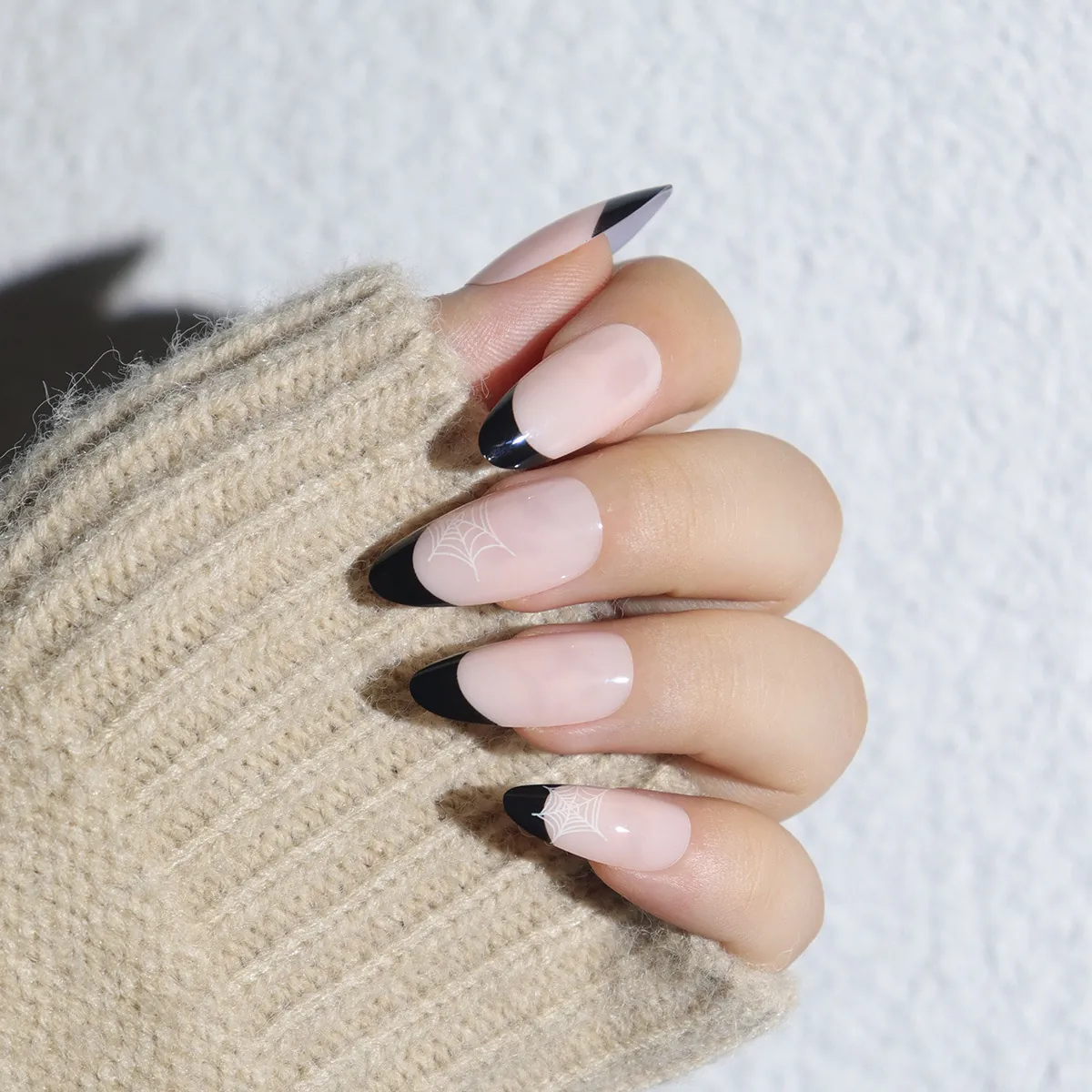 Halloween Black French Almond Press On Nails Spider Web Gothic Style Fake Nails Wearable Full Cover Manicure For Women