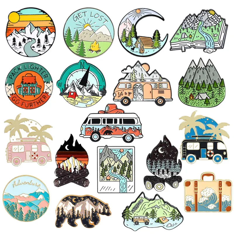 Alloy Outdoor Camping Enamel Brooch Pin Cartoon Mountain Forest River Camper Suitcase Adventure Landscape Badge Lapel Jewelry