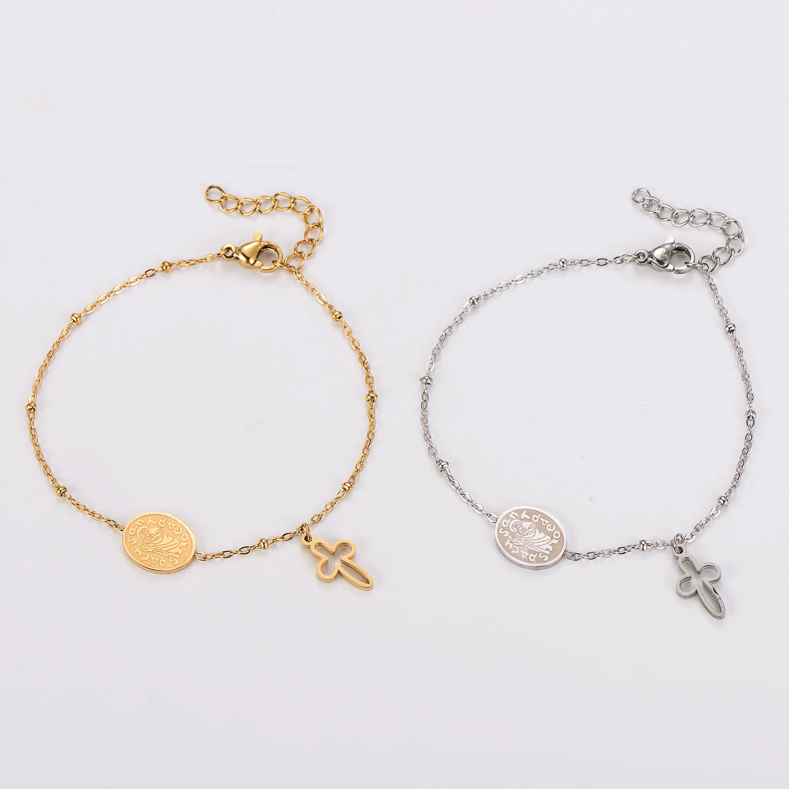Minimalist Stainless Steel Bracelet Featuring Cross And Saint Benedict Medal Religious Charm Adjustable Chain Jewelry For Men And Women