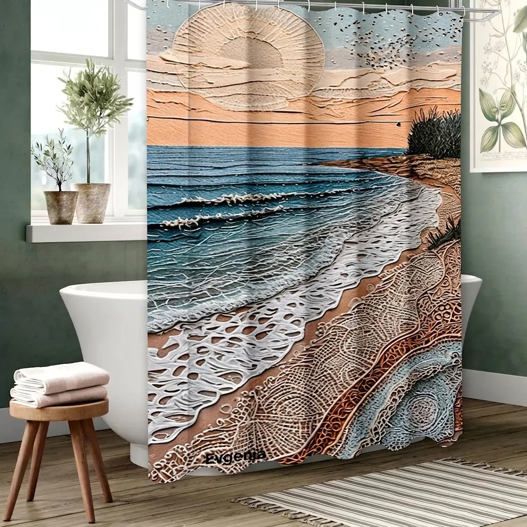 Shower Curtain Waterproof Polyester 3D Relief Artistic Beach Sunset Japanese Great Wave Cherry Blossom With Hooks