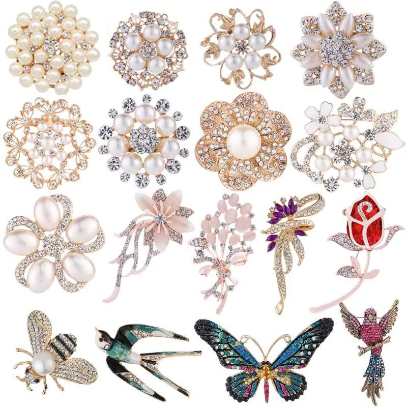 Elegant Alloy Brooches With Rhinestones And Faux Artificial Pearls Animal Flower Shape Vintage Breastpin Jewelry For Women