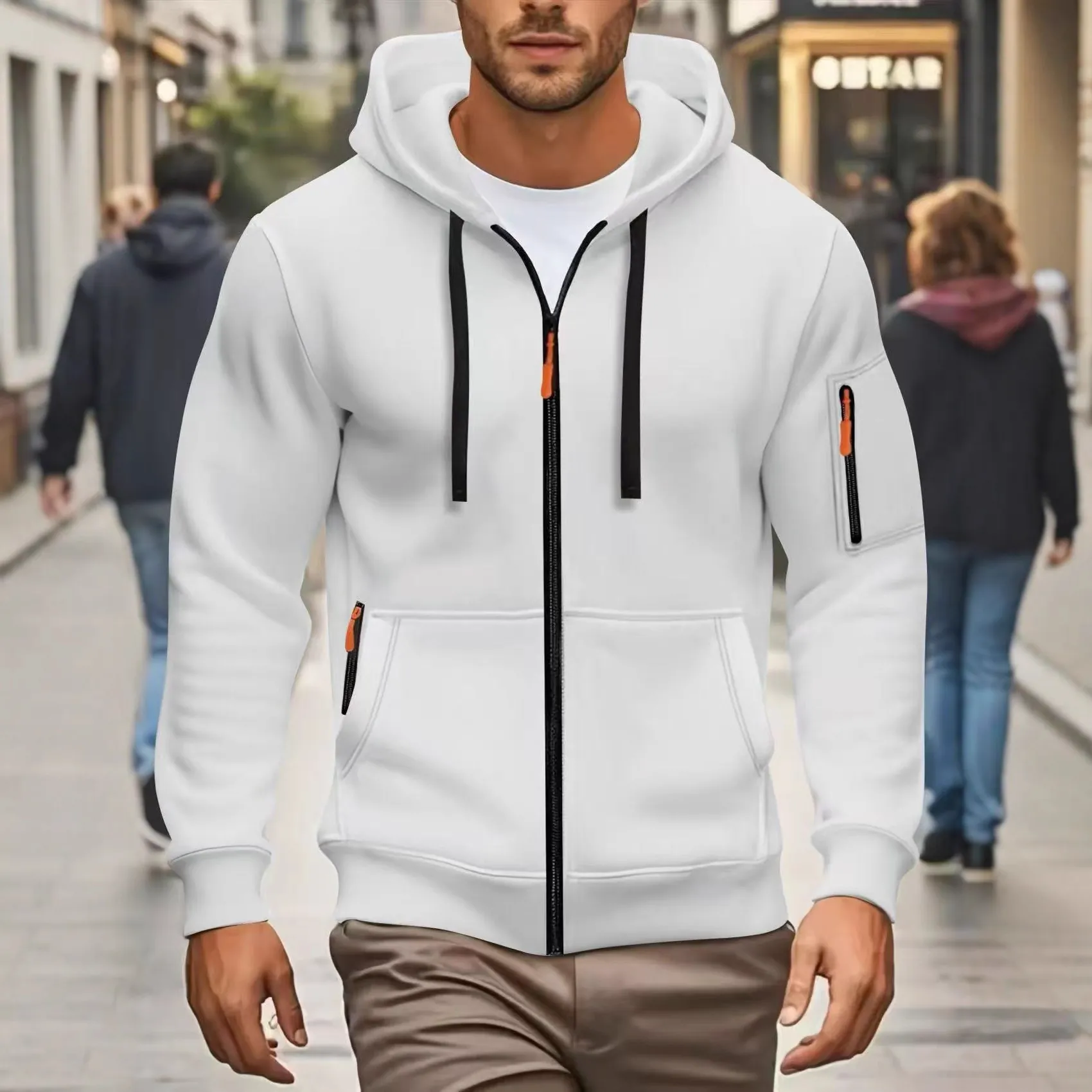 Men Full Zip Hoodie Fleece Lined Sweatshirt Drawstring Hood Functional Pockets Casual Sporty Solid Color Jacket Men