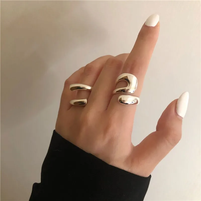 Retro Geometrischer Kupfer Offener Ring Für Frauen Versilbert Übertriebener Punk Hip Hop Stil Verstellbarer Zeigefinger Ring Schmuck