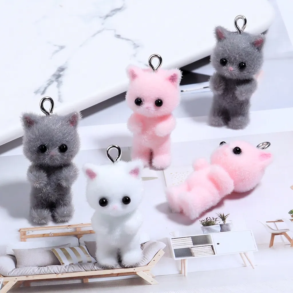 Cute Flocked Animal Charms Cat Bear Rabbit Pendants Resin DIY Jewelry Making Accessories For Earrings Keychains Bags Soft