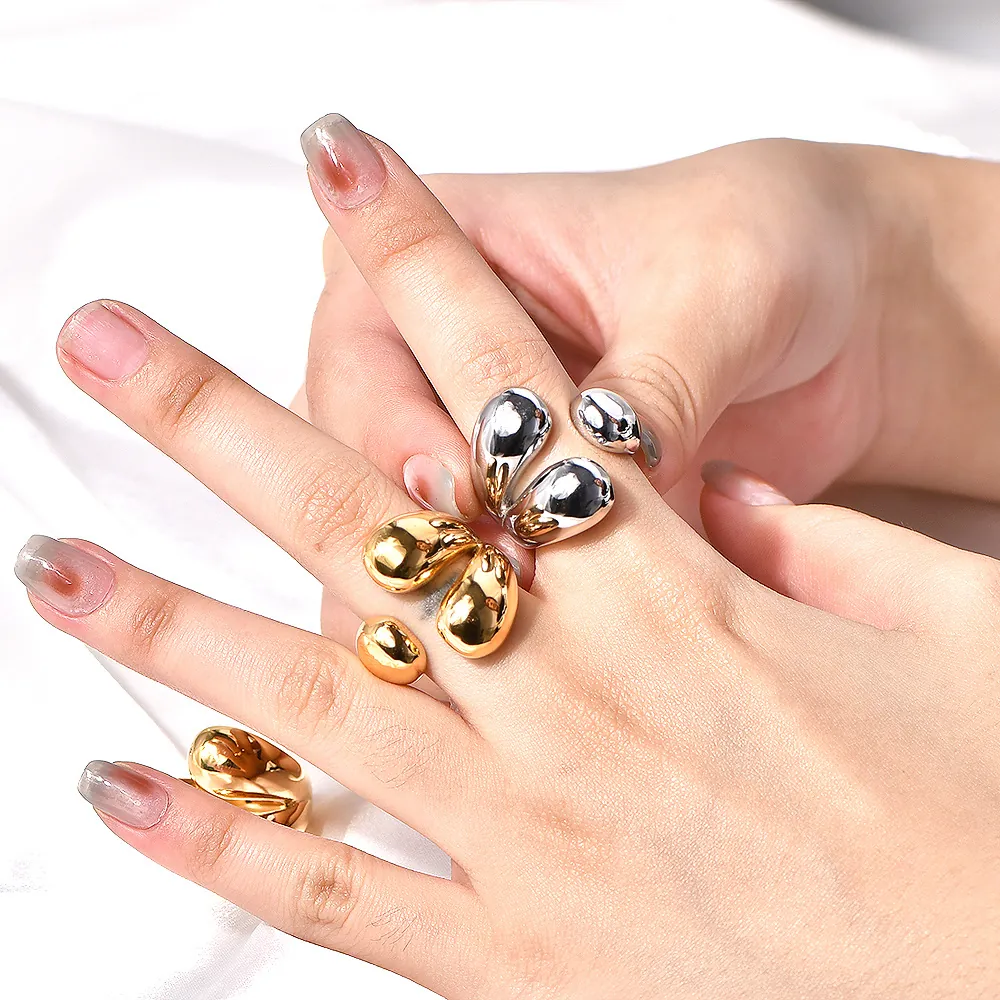 Geometric Fluid Metal Rings Minimalist Irregular Water Drop High Polished Stackable Statement Jewelry For Women