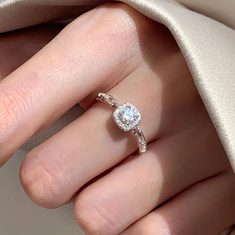 Square Sugar Cube Chain Link Ring Sparkling Zircon Copper Adjustable Opening Jewelry Gift For Women Trendy Luxury