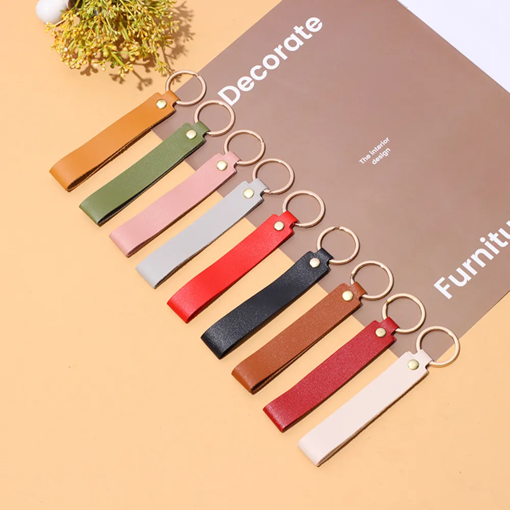 Minimalist PU Leather Keychain Wrist Strap Solid Color Litchi Texture Car Keyring Bag Charm Fashion Gift Accessory