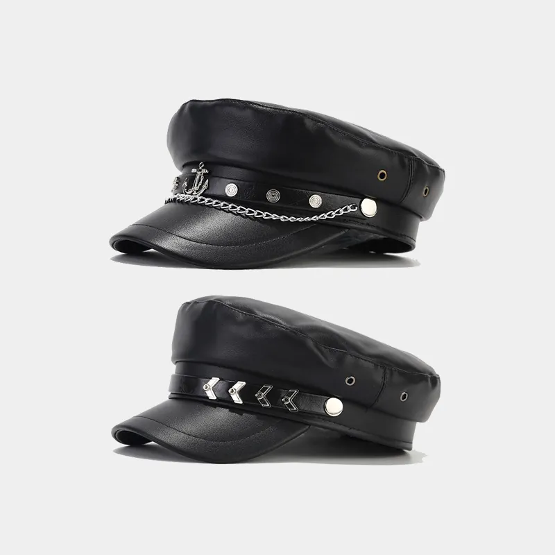 Cappello Navy Militare Vintage in Pelle PU per Uomo Donna Cappello Piatto in Stile Britannico Con Decorazione ad Ancora