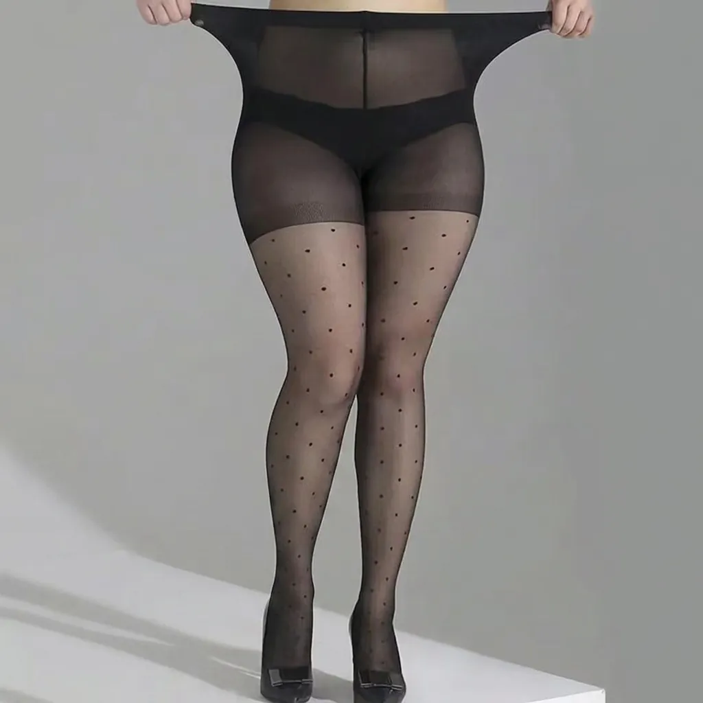 Women Plus Size Sheer Pantyhose Polka Dot Heart Pattern High Waist Breathable Nylon Spandex Tights