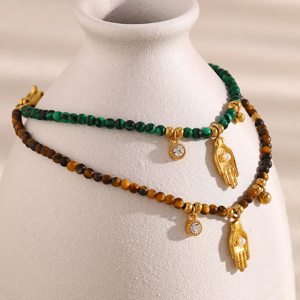 Hamsa Hand Pendant Bracelet Stainless Steel 18K Gold Plated Natural Stone Beaded Bohemian Jewelry For Women