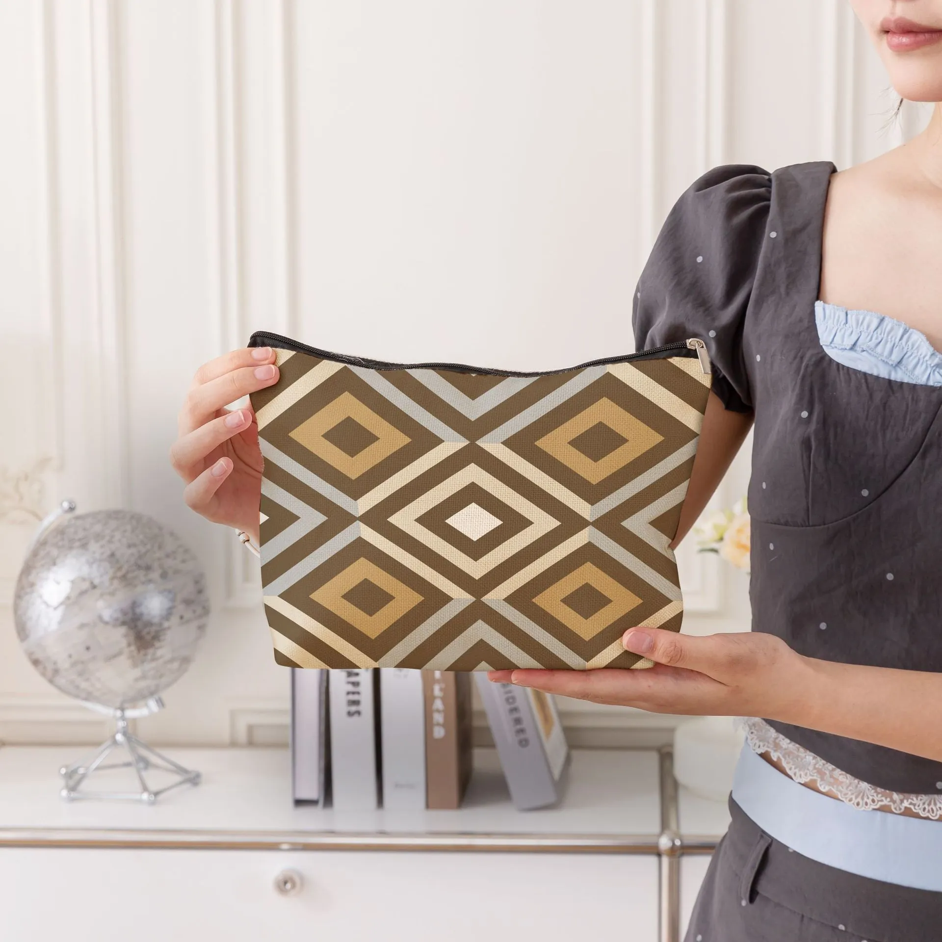 Borsa Trucco In Lino Fine Con Motivo Geometrico Organizzatore Da Viaggio Con Cerniera