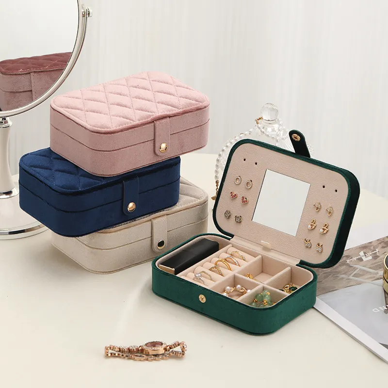 Velvet Jewelry Box Organizer Portable Travel Case With Mirror Quilted Diamond Pattern For Rings Earrings Necklaces